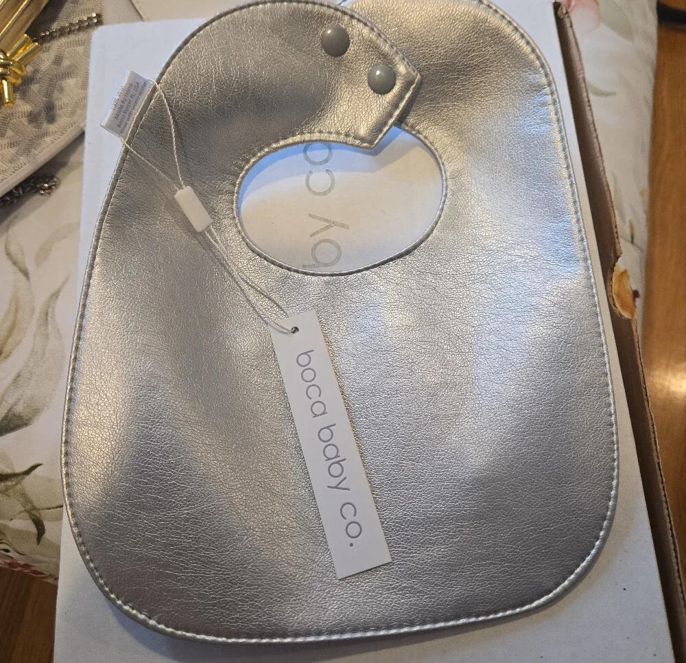 Blue Baby Leather Bib with Bird & Cage Embroidery. Boca Baby Gift Pouch